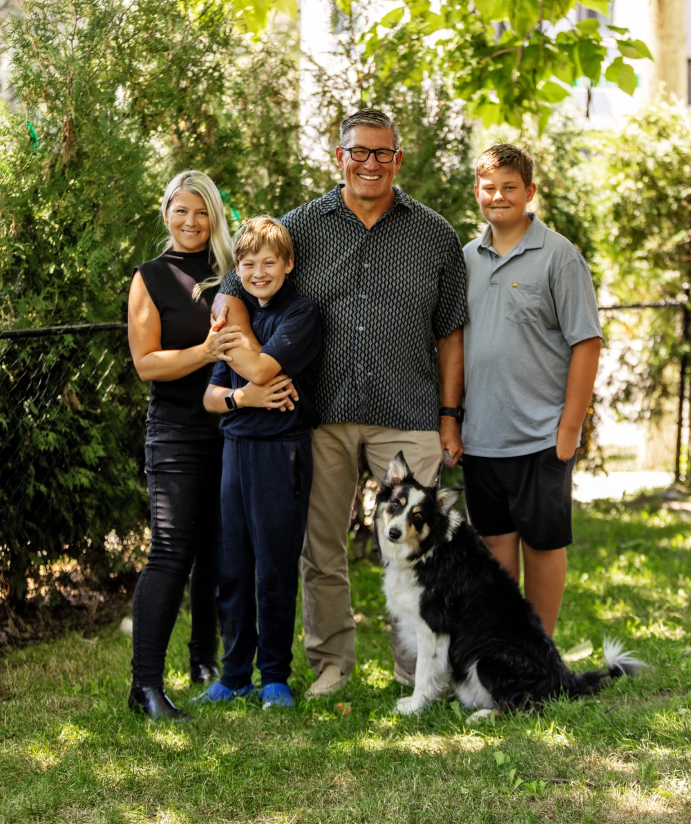 Brent Bowser with his family and dog in Barrie, Ontario